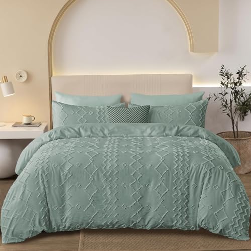 DXHOME Böhmen Bettwäsche Türkis 135x200cm 2teilig Getuftet Boho Bettwaren-Sets Stickerei Weiche Gewaschene Microfaser Bettbezug mit Reißverschluss + 1 Kissenbezug 80x80 cm