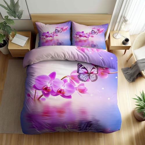Generisch Bettwäsche Pflanzen Orchideen Schmetterling 135 x 200 cm für Kinder Erwachsene, Weicher Mikrofaser Rosa Bettbezug mit Reißverschluss und 1 Kissenbezüge 80 x 80 cm für Vier Jahreszeiten