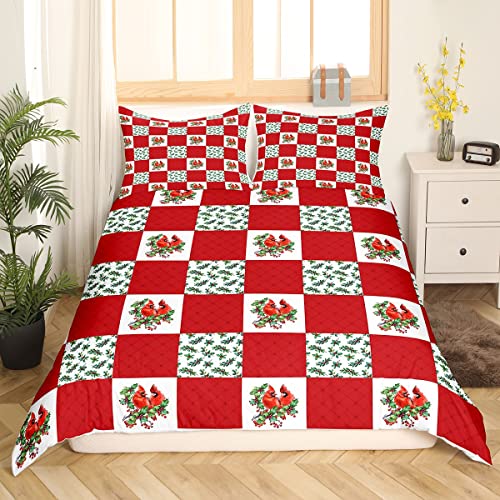 Weihnachten Bettwäsche 220x240 für Kinder Jugend Mädchen Rot Kardinal Vögel Bettwäsche Set Botanische Beeren Muster Bettbezug Bezug Rot Weiß Büffel Kariert Patchwork Bettbezug Weihnachten Wohnkultur