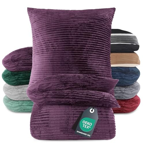 BaSaTex Winter Plüsch Bettwäsche Set | 135x200 cm Deckenbezug + 80x80 cm Kissenbezug | Cashmere-Touch Coral Fleece,Rip-Cord“ | Reißverschluss | Lila