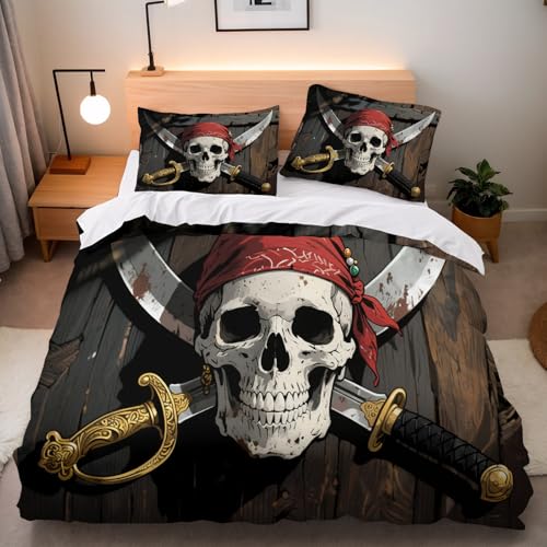 Bettwäsche Totenkopf Gotisch Bettbezug Gotisch Pirate 3D Drucken Bedding 200x200 cm 3 Teilig Mikrofaser Weich Mit Verdecktem Reißverschluss Eckbändern 2 Kissenbezüge 80x80 Geeignet für Schlafzimmer