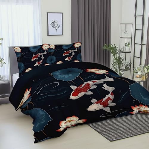 Bettwäsche Set orientalisch Koi Lotus Rot Dunkelblau, Bettbezug mit 2 Kissenbezüge 80x80 cm Bedding Mikrofaser Bettbezug 3er Set mit Reißverschluss, Bügelfrei und Weich 135 cm x 200 cm