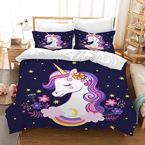 AVJWWD Einhorn Bettwäsche Set Kinder Mikrofaser Bettwäsche Cartoon Einhorn 3D Gedruckt Bettbezug 3 Teilig mit ReißVerschluss,Soft Mädchen Bettwaren (135x200cm, H)