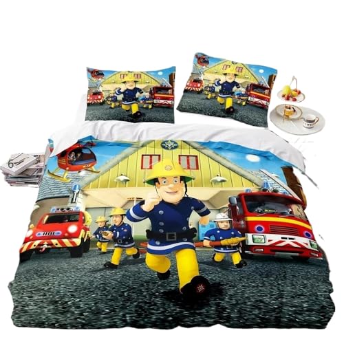GOUVKEY Cartoon-bedrucktes Feuerwehrmann-Bettwäsche set „Feuerwehrmann Sam“ HD-Bettbezug Bettwäsche für Kinder Bettwäsche-Sets Schlafzimmerdekoration (90x200cm+80x80cmx1,8)
