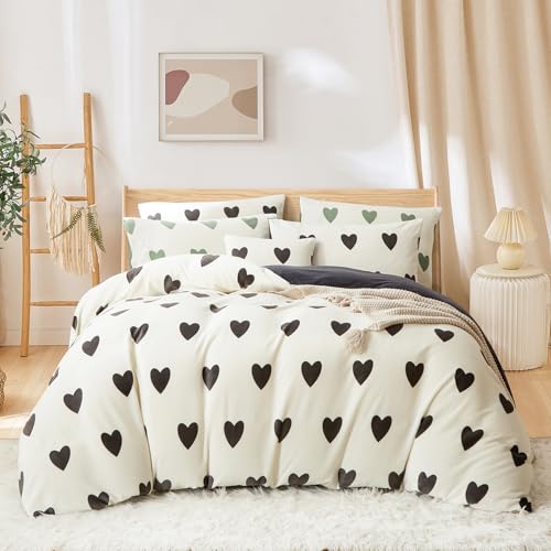 Covebett Flanell Bettwäsche 220x240 Herzen Schwarz Weiß Winter Warm Fleece Plüsch Winterbettwäsche Cashmere Touch Coral Fleece Flauschig Bettbezug und 2 Kissenbezug 80x80cm mit Reißverschluss