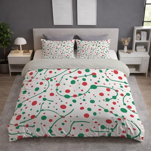 Atmungsaktiv Bettwäsche 155 x 220 - Grün Rot Bügelfrei Farbbeständig Bettwäsche Sets - Bettbezug(155 x 220)+ Kissenbezüge - Für Allergiker Geeignet Abstrakt Vintage Punkte Linien