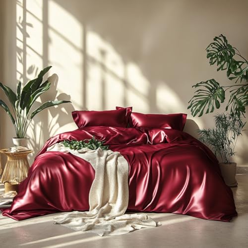 Lanqinglv Satin Bettwäsche Set 200x200 cm Weinrot Rot Burgund Seide Glatt Glanzsatin Luxus Sommerbettwäsche Set Satin Polyester Uni Doppelbett Bettbezug mit Reißverschluss und 2 Kissenbezug 80x80cm Lanqinglv Satin Bettwäsche Set 200x200 cm Weinrot Rot Burgund Seide Glatt Glanzsatin Luxus Sommerbettwäsche Set Satin Polyester Uni Doppelbett Bettbezug mit Reißverschluss und 2 Kissenbezug 80x80cm