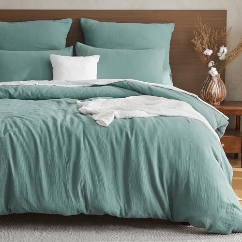 EMME Musselin Bettwäsche 135x200 cm + 80x80 cm, 100% Baumwolle, Oeko-TEX Zertifiziert, Extra Weiches 4-Jahreszeiten-Bettwäsch e Set mit Reißverschluss, 1 Bettbezug + 1 Kissenbezug, Blaugrün
