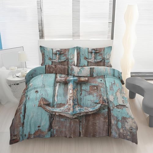 Vintage Nautische Küsten Stil Bettwäsche 135x200 Türkis Rustikale Holzmaserung Bettbezug + 1 Kissenbezüge 80x80 2 Teilig Bettwäsche-Sets mit Reißverschluss, Weich Mikrofaser Bettdeckenbezug G8l76