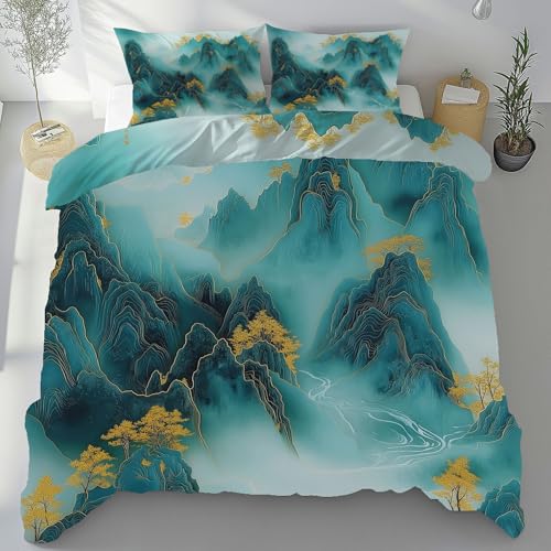 Chinesischer Stil Duvet Cover 200x220, Landschaft Aquarell Malerei Bettwäsche mit Reißverschluss, Orientalisch Tradition Kultur Bettdeckenbezug, Bügelfrei Bettbezug 3 Teilig mit 2 Kissenbezüge