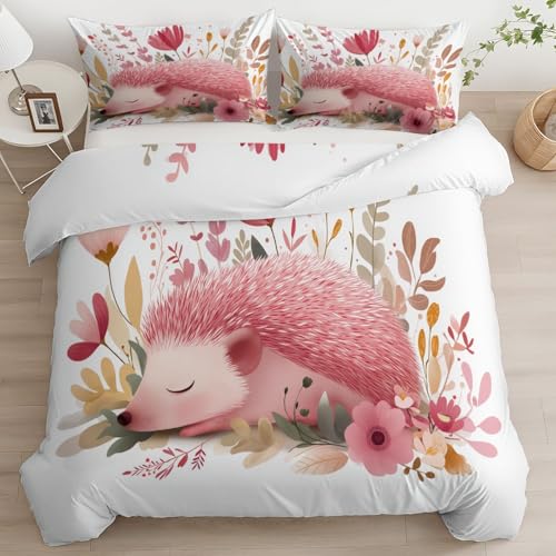Quixora Bettwäsche 200 x 200 cm Cartoon Traumhaft Niedlich Pink Igel Hypoallergen 3-Teilig Bettbezug Set - Bettwäsche mit 2 mal Kissenbezug 80x80cm, Bettdeckenbezug Set mit Reißverschluss