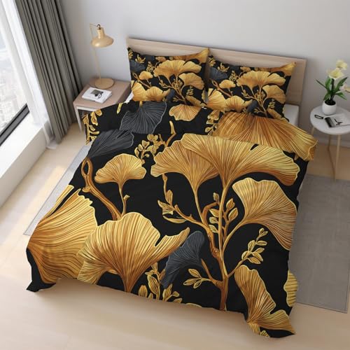 Generisch Ginkgoblatt Bettwäsche 135x200cm, Modern Schwarz Gold Blätter Bettwäsche-Sets 2 Teilig, Bettbezug + 1 Kissenbezüge 80x80cm Weich Mikrofaser mit Reißverschluss 21D&-16