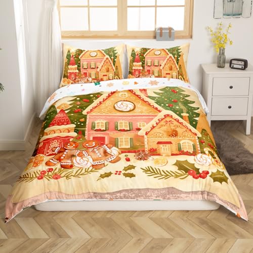 feelingyou Cartoon S Größe, Nette Weihnachtskiefer Keks Haus Reversible Tröster Abdeckung (Nicht Tröster), Rustikale Urlaub Lebkuchen Mann Polyester Bettwäsche, 2 Pcs
