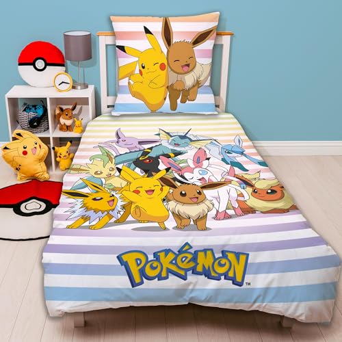 Pokémon - Kinderbettwäsche Set 2-teilig 135x200 cm + 80x80 cm - Wendebettwäsche mit Pikachu & Pokemon – 100% Baumwolle mit Reißverschluss - atmungsaktiv Farbecht & pflegeleicht - Öko-Tex