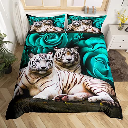 Weißer Tiger Bettbezug Teal Türkis Rose Bettwäsche Set für Frauen Männer, Wilde Tier Blumen Tröster Abdeckung Braun Katze Pelz Haar Bett Set 220x240,Wald Wildlife Romantische Floral Zimmer Dekor