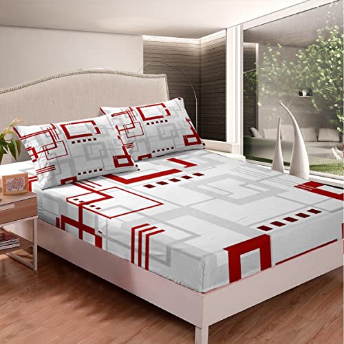Moderne Rot und weiße Bettwäsche 140x200 cm Gitter quadratisch kariert Bettwäsche 3D abstrakte Geometrie Gitter Spannbettlaken geometrische Textur Bettwäsche Dekor Jungen Schlafzimmer Dekor