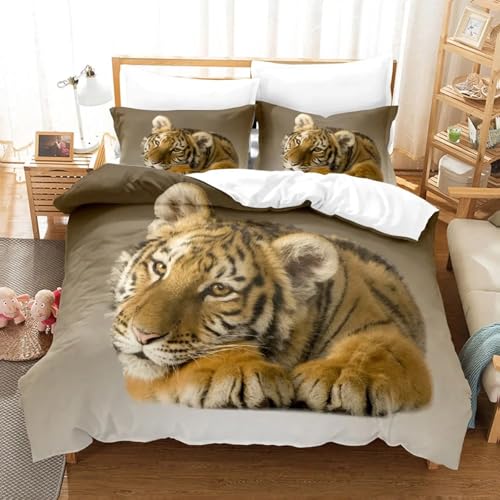 BJCJGGL Bettwäsche 260x240 Brauner Tiger Bettwäsche-Set mit Reißverschluss Schließung + 2 Kopfkissenbezug 80x80 cm - Weicher Atmungsaktive Mikrofaser Bettbezug für Erwachsene Kinder