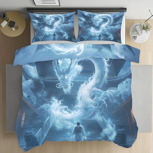 Gklnmcx Drachen Bettbezug Mikrofaser 200x200, Mythos Tiermotiv Bettwäsche mit Reißverschluss, Oriental Fantasy Wendebettwäsche Weich 3teilig Mit Kissenbezug 80x80cm