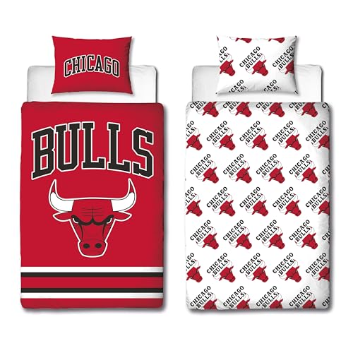 Character World NBA Offiziell lizenziertes Bettwäsche-Set für Einzelbett, Chicago Bulls Design, wendbar, 2-seitig, rote Basketball-Bettwäsche, inklusive passendem Kissenbezug, perfekt für Kinderzimmer