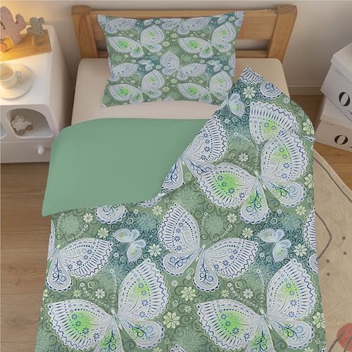 Linfye Schmetterlinge Kinderbettwäsche 100x135 cm - Grün Bettwäsche-Sets für Baby Kinder - Blumen Weich Bettbezug 2 Teilig mit Reißverschluss - Bettbezüge 100 x 135 cm + 2 Kissenbezug 40x60 cm- A17