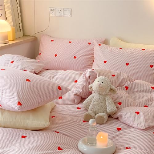 Lanqinglv Bettwäsche 135x200 Mädchen Rosa Herzenmuster Gestreift Kinder Bettwäsche aus Microfaser,ÖKO-TEX Bettwäsche Set - Bettbezug mit Reißverschluss und 1 Kissenbezug 80x80 cm