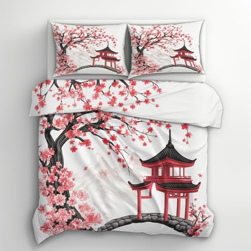 Generisch Bettwäsche 140x200 Japanische Kirschblüten Design, 2teilig - Orientalisch Asiatisch Bettbezug und 1 Kissenbezug 70x90,Wendebettwäsche,Sc hlafzimmer Deko,Mikrofaser,mit Reißverschluss J&H6L12