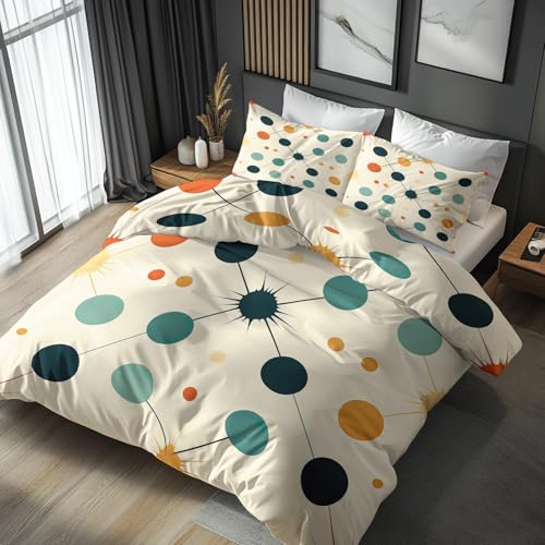 Generisch Bettwäsche 140x200 Retro Punkte, Weiche Bügelfreie Mikrofaser Bettbezug Set 2tlg, Mid Century Geometrisch Muster Schlafzimmer Deko, 1 Kissenbezug 70x90, mit Reißverschluss TG89