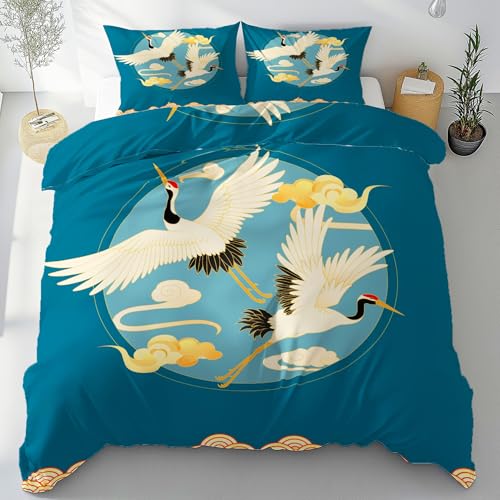 Tyafsgvqo Japanischer Stil Kranich Bettwäsche 220x240 3 Teilig, Orientalisch Wendebettwäsche 3D Druck, Aesthetic Tier Thema Bettbezug mit Reißverschluss, Trösterbezug mit 2 Kissenbezug 80x80 cm