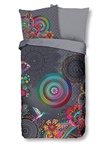 Traumschloss Comfort Flanell Bettwäsche »Finna«, Bunte Mandalas mit Vogel und Blumen, grau, 135x200 & 80x80, 100% Baumwolle, wärmend & kuschelig, mit Reißverschluss bestehend aus Kissen und Bettbezug