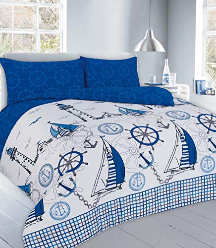 Bettwäscheset mit maritimen Booten, Seemanns-Strandhütte, Bettwaren & Bettwäsche, Bettbezug und Kissenbezüge, Blau, Doppelbett