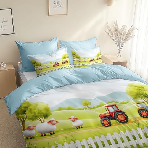 Hellblau Bettwäsche, 155 x 220 cm Ländlicher Traktor Im Cartoon-Stil Bettwäsche-Sets, Enthält 1 Bettbezug und 2 Kissenbezug 80 x 80 cm, für Allergiker Geeignet - Weich und Bügelfrei