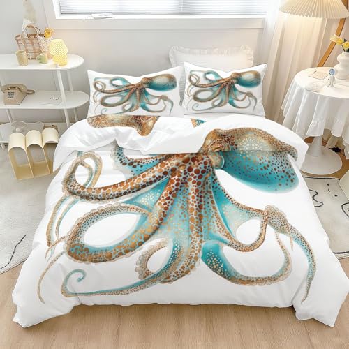 Aquarell Nahaufnahme Krake Punkte Bedruckte Bettwäsche aus Microfaser, Bettbezug mit Reißverschluss, Bunt Bettwäsche Set mit Kissenbezug, Atmungsaktiv & Hautfreundlich 155 x 220 cm