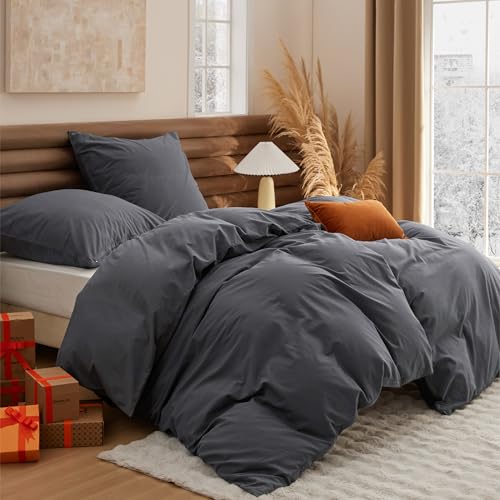 BEDSURE Bettwäsche 135x200 Baumwolle 4teilig - Bettwäsche-Sets Anthrazit Bettbezug 2er Set mit 2 Kissenbezüge 80x80 cm, Ähnliche Textur wie Washed Leinen, Oeko-TEX Bedding Grau mit Reißverschluss