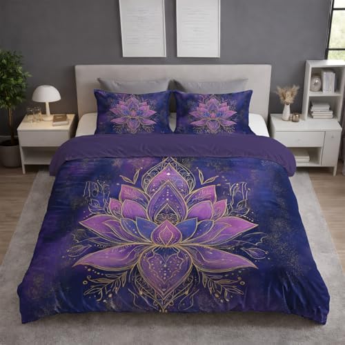Tiefes Violett Bettwäsche Set (200 x 200) - Flauschige Bettwäsche - Atmungsaktiv Warm Hautfreundlich - Weiche Bettwäsche - Mit Reißverschluss - Fantasie Lotus Zart Punk
