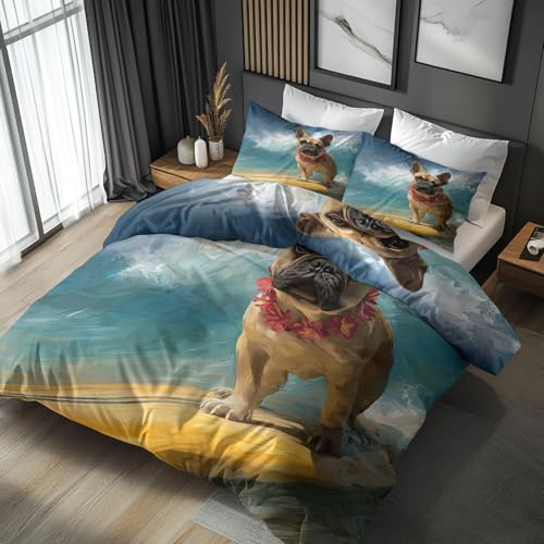 Hunde Blumen Bettwäsche 155x220 Bügelfreie - Abstrakt Mops Muster, Renforce Wendebettwäsche Bettbezug 3-teilig Set Cozy Mikrofaser Mit Reißverschluss, 2 Kissenbezug 80x80, Geschenk Hunde Blumen