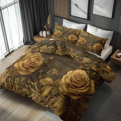 Generisch Bettwäsche 135x200 Blumen Rosen Wende Motiv 2tlg, Schlafzimmer Deko, Vintage 3D Gold Blumenmuster Bettbezug und 1 Kissenbezug 80x80, Weiche Mikrofaser Deckenbezug mit Reißverschluss -h305
