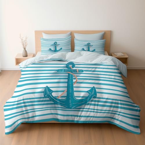 Bettwäsche Set 180 x 200 cm Anker Blau Weiße Streifen Nautisch Bettbezug, Weich Gemütlich Hellgrau Mikrofaser Wendebettwäsche für Jugendliche Kinder, mit Reißverschluss und Kissenbezug, 3er Set