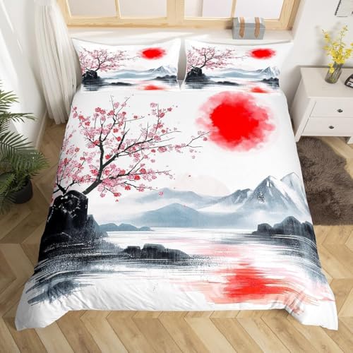 Japanischer Stil Bettwäsche 135x200 Asiatisch-Orientalisch Bettwäsche Set, 3D Bettbezug Set Weich Microfaser Bettbezüge 2 Teilig Tuschemalerei Wendebettwäsche für Einzelbett, mit 1 Kissenbezug k133