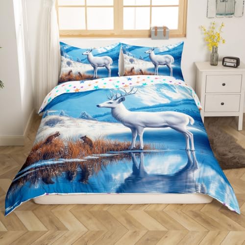 feelingyou Weißer Hirsch Bettwäsche Sets S Größe, Elch Geweih Wildlife Tier Reversible Bettbezug 2Pcs für Kinder Schlafzimmer, Winter Schnee Berg Landschaft Quilt Cover, 1 Kissenbezug (kein Tröster)