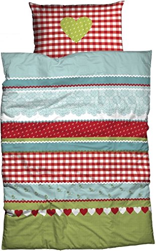 CASATEX Bettwäsche Landhaus Herzen Karo Muster Kariert Ornamente Landhaus Romantik rot grün Renforcé, Größe:155 cm x 220 cm
