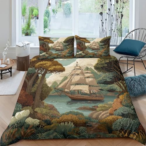 EIN bemaltes altes Segelboot liegt in der Bucht vor Anker Bettwäsche-Set, 3D Druck,Microfaser Bettbezug,Kopfkissenbezug ,3-teilig Für Erwachsene Kinder Teenager Double?200x200cm?