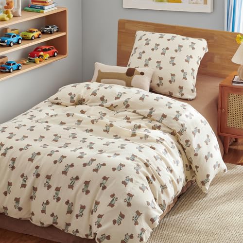AShanlan Kinderbettwäsche 135x200 Baumwolle Musselin Bettwäsche Kinder Jungen 135 x 200 cm + Kissenbezug 80x80 cm Braun Dackel Muster Oeko-TEX zertifizierte Beige Bettbezug mit Reißverschluss