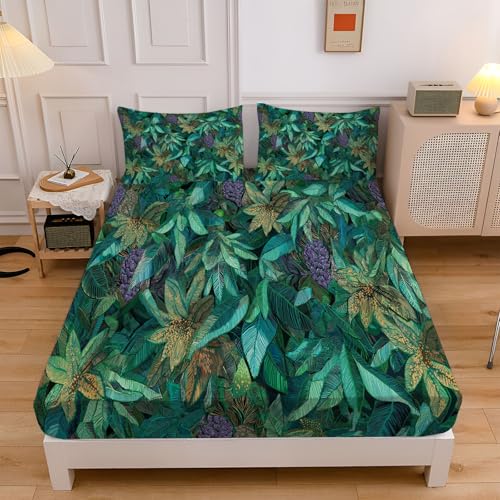 Dschungelblätter Basics Spannbettlaken 90×200 cm, Pflanzenelemente Spannbetttuch - Matratzenhöhe Bis 30 cm, Enthält Zwei Kissenbezüge Türkis Maschinenwaschbare Bettwäsche