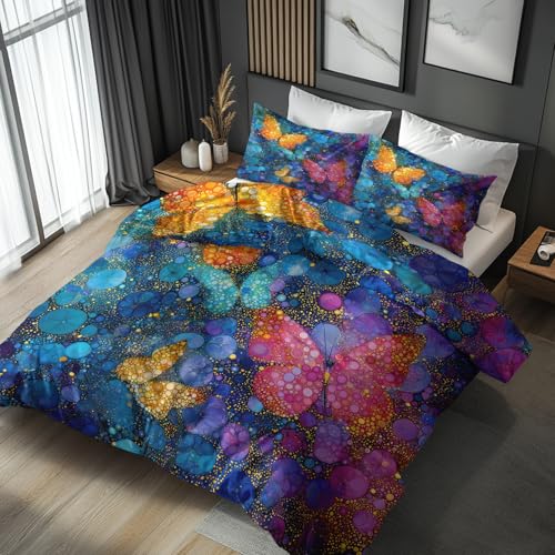 Generisch Bettwäsche 135x200 Bunt Schmetterling - Schlafzimmer Deko Bettbezug 135 x 200 2tlg Künstlerisch Verträumte Punkte Muster, 1 Kissenbezug 80x80, mit Reißverschluss, Weich Mikrofaser GD#190