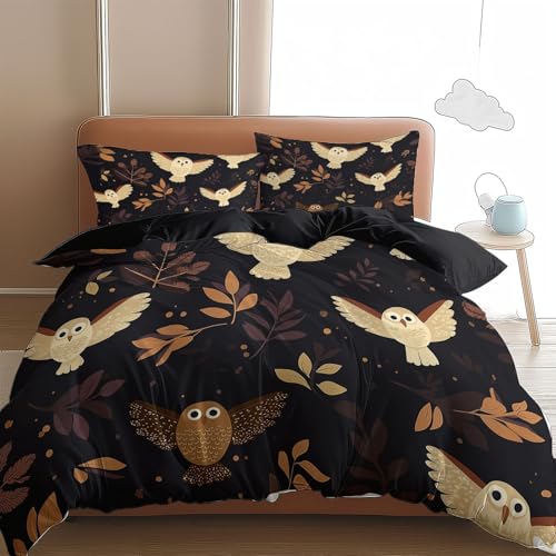 Srigzcaly Bettwäsche 135 x 200 cm Schwarz 3-Teilig, Bettbezug Fliegende Eule Weiche Angenehm Bügelfreie Mikrofaser Wendebettwäsche-Sets mit Reißverschluss - Deckenbezug mit 2 Kissenbezüge