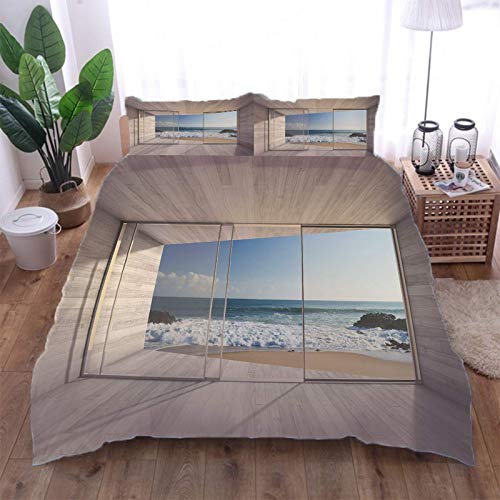 AOUAURO Bettwäsche 155x220 Küstenlandschaft Bettbezug Set 3D 3-Teiliges Polyester mit Reißverschluss 1 Bettbezug und 2 Kissenbezug 80x80cm 3 Stück