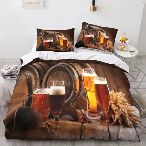 Bettwäsche 155x220 Bier Bettbezug 3D Druck Landhausstil Bettbezüge Kuschelig Weich Mikrofaser Deckenbezug 155x220 cm mit Reißverschluss + 2 Kissenbezüge 80x80 cm D-3455