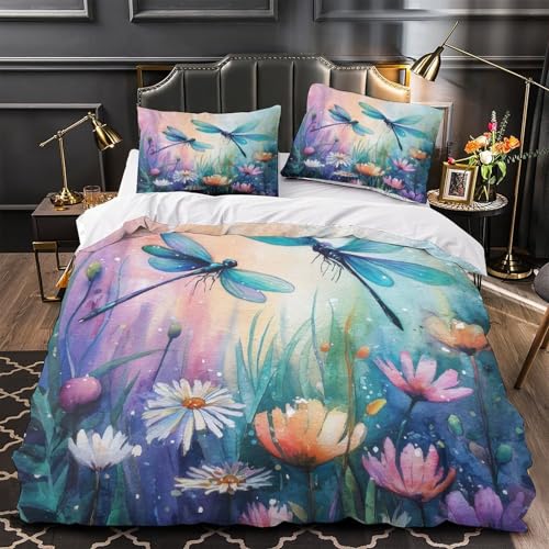 RJAVAGFZL Libellenkunst 3D-Bedruckt 3er-Set Bettdeckenbezug Aquarell-Fantasy-Stil Kuschelbezug Mikrofaser Reißverschluss Staubmilbenfest für Kleinkinder Jugendliche Frauen Single (135x200cm)
