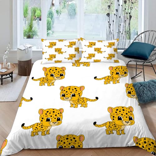 MOXINO 3D Leopard Bettwäsche 135x200 cm 4teilig Cartoon Leopard Bettwäsche für Kinder Leicht Mikrofaser Bettbezug Sommer Weiche Bettbezüge mit 2 Kissenbezüge 80x80?Muster 86-2?
