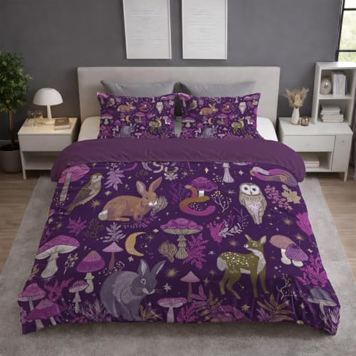 Fantasie Pilz Kaninchen Eule 2 - teilig Wende bettwäsche Premium Qualitãt Lavendel Aus Mikrofase - Deckenbezug(135 x 200) Mit Reißverschluss - Kuschelig Weich & Bügelfrei